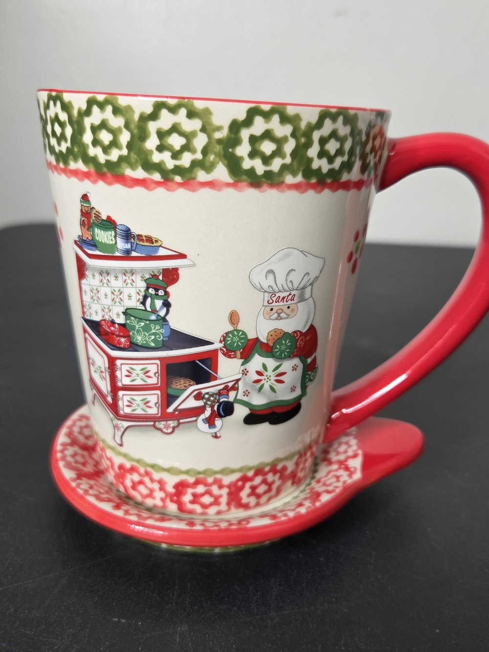 Temptations Holiday Santa Chef Mug with matching coaster lid